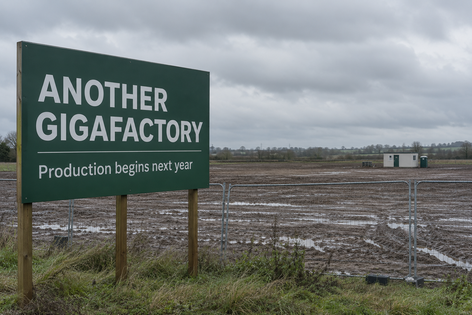 Fictional gigafactory sign beside an empty muddy field