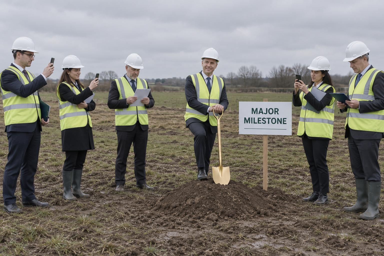 Fictional communications staff posing at a ceremonial groundbreaking